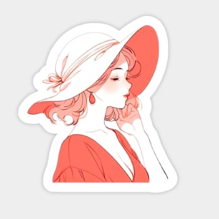 Minimalist line art pretty girl in red Sticker